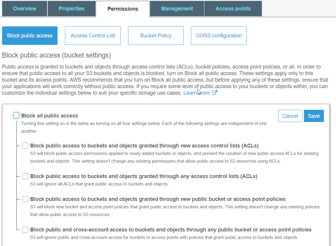 3.Enabling public access to S3 bucket