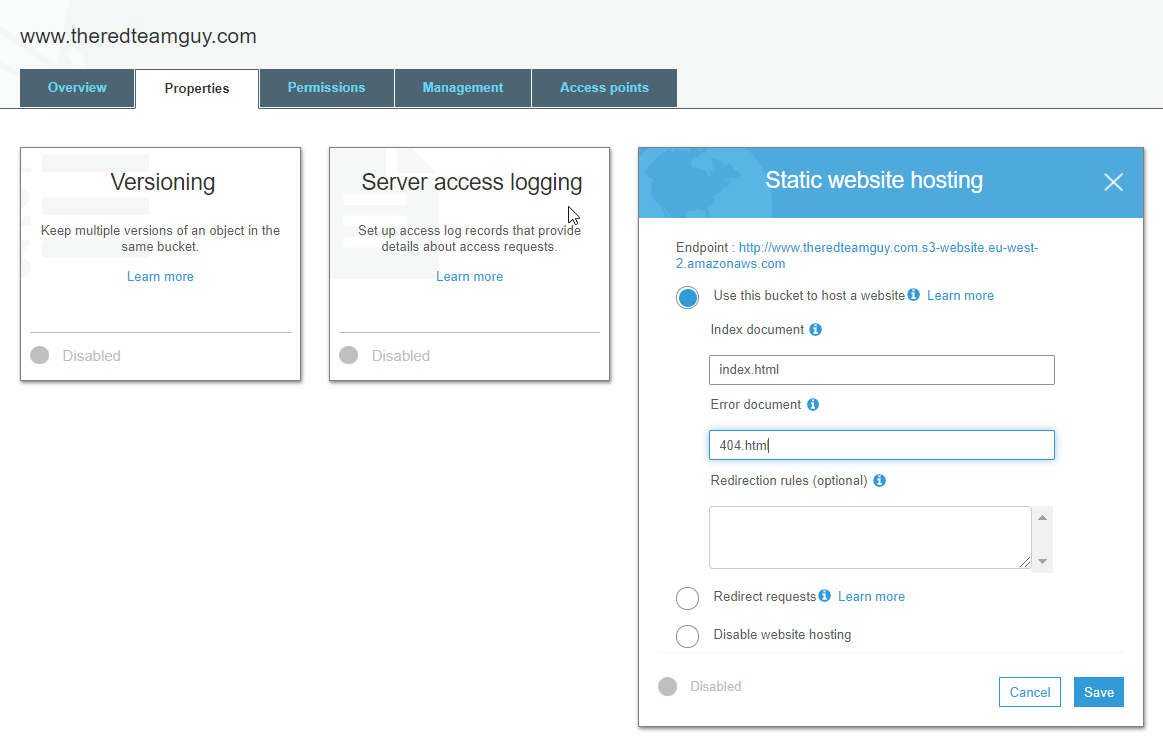 2.Enabling static web hosting